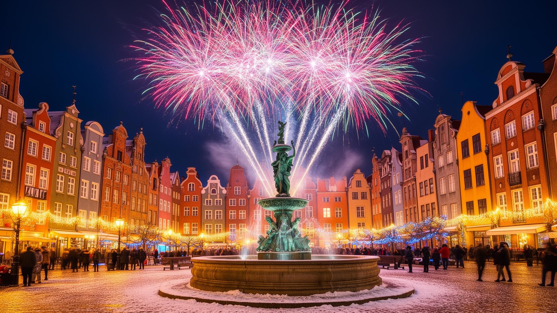 Gdańsk gamla stad med fyrverkerier på nyårsafton