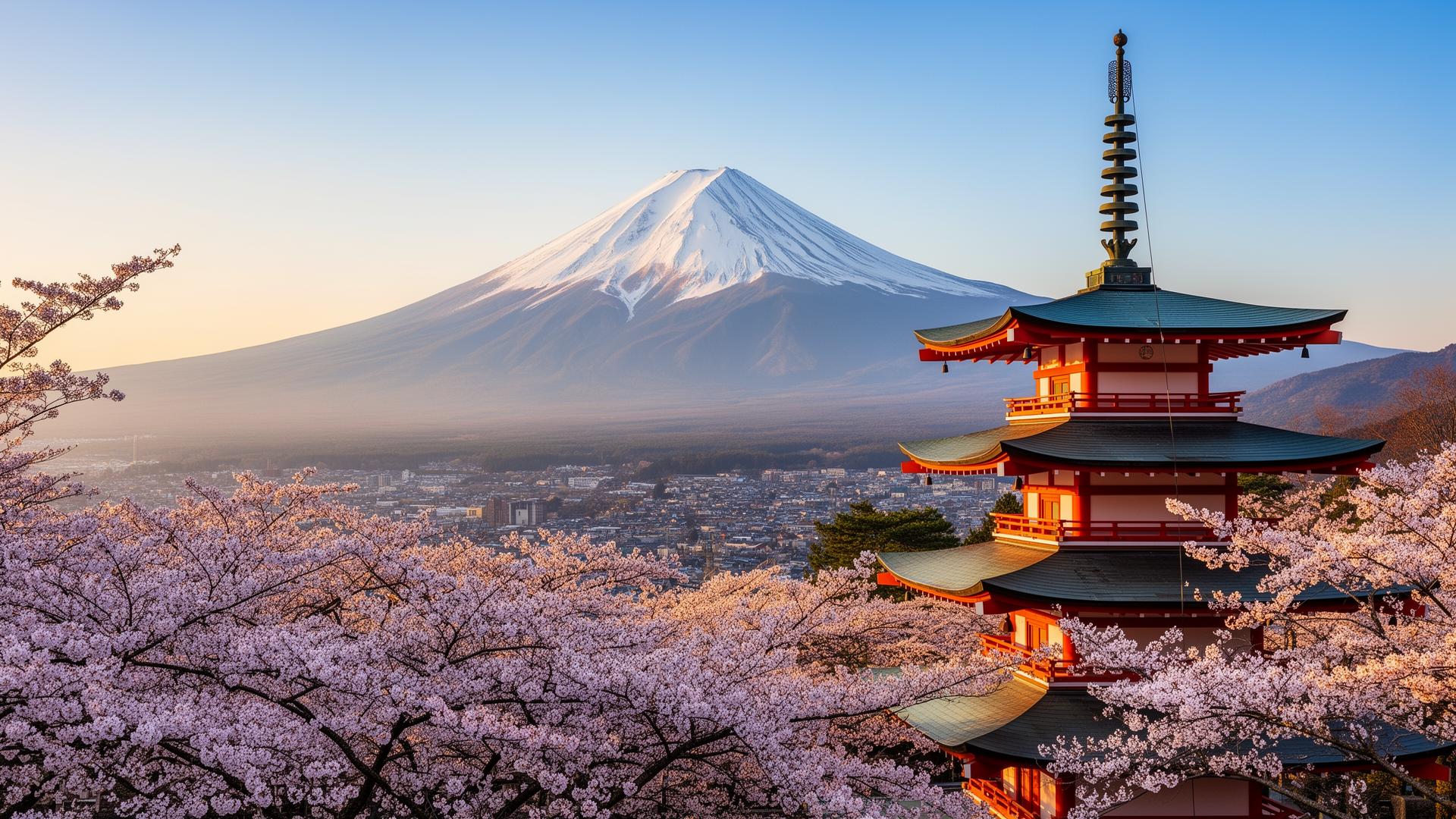 Mount Fuji med körsbärsblommor och pagod