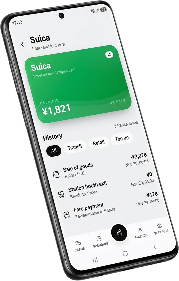 NFC Japan-appen som visar saldo och resehistorik på en Android-telefon