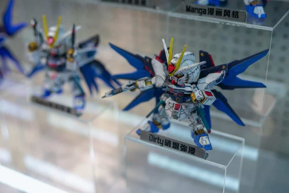 Small gunams on display at Gundam Cafe in Tokyo, Akihabara.
