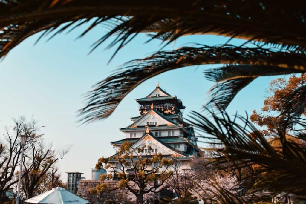 Kungligt tempel bakom palmblad.