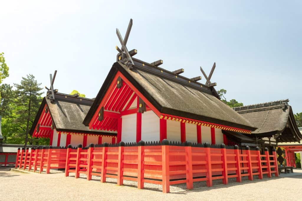 Beautiful shrine shown in the morning of Sumiyoshi grand shrine, in Osaka Japan.