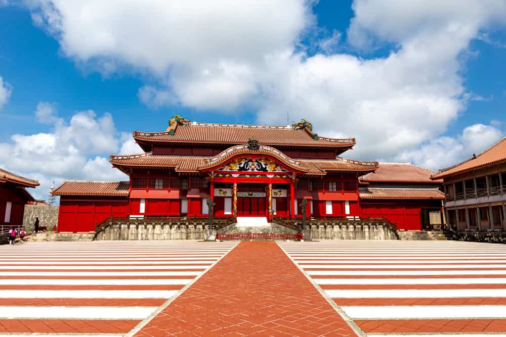 Red paint and white floor towards the beautiful castle of Shuri-jo in okinawa, japan.
