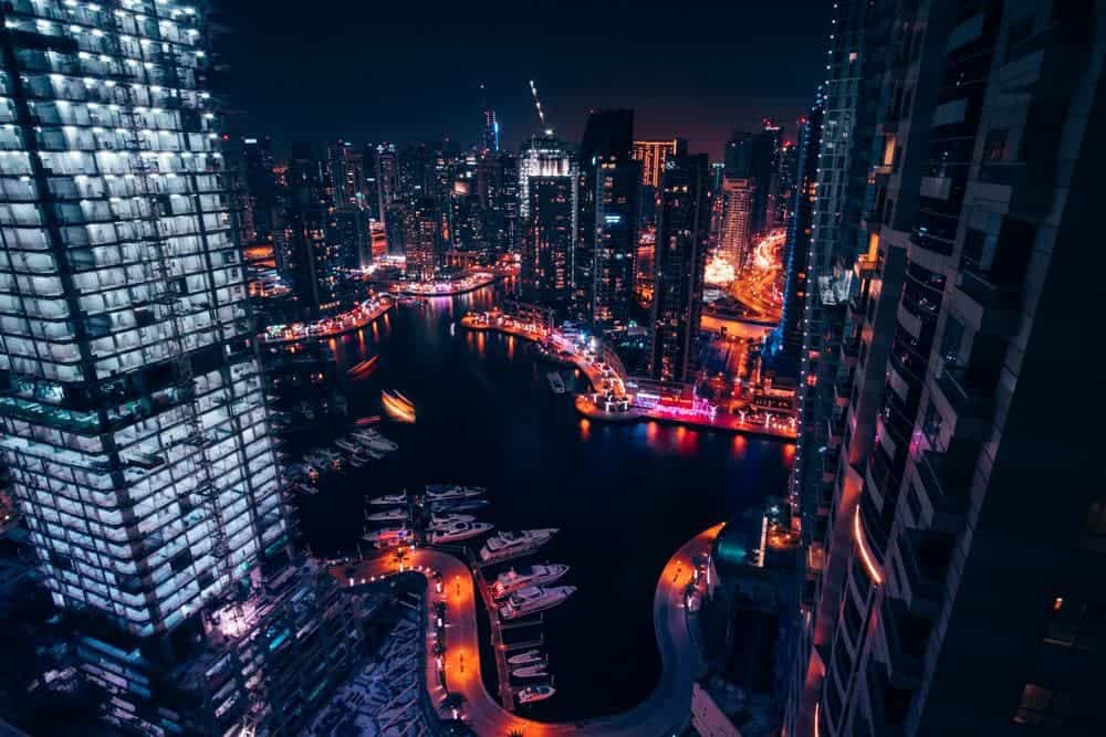 Dubai marina at night.