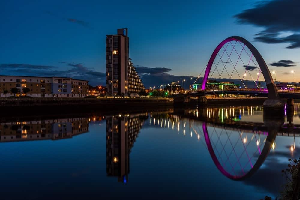 View over the city and a bridge at night in Glasgow