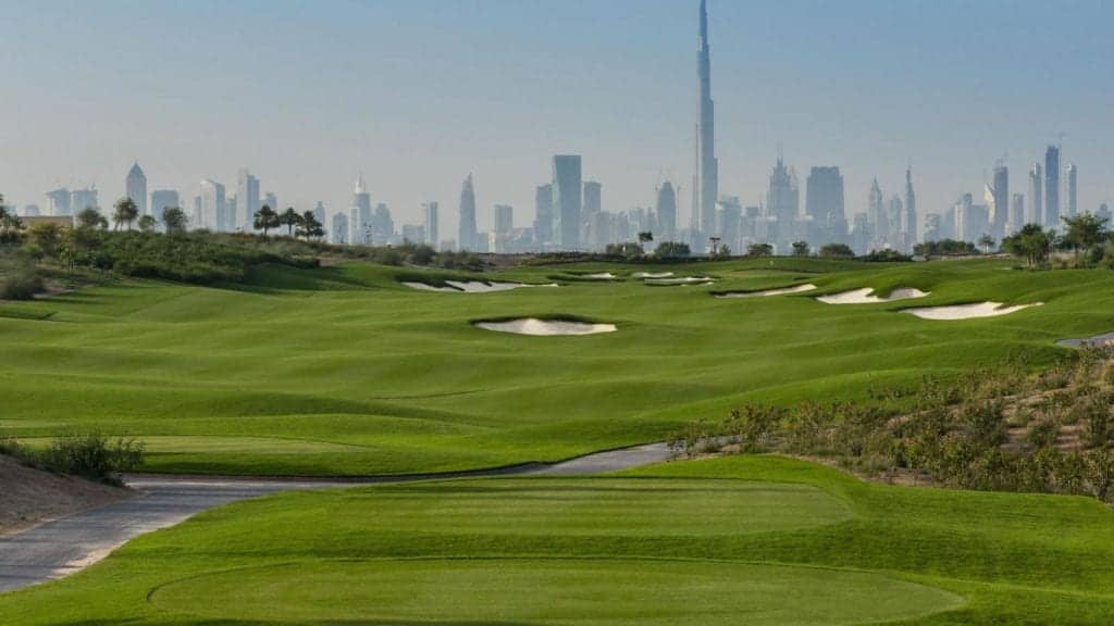 Burj Kahlifa seen in the horisontal from Dubai Hills Golf Club By Jumeirah during daytime while playing golf.