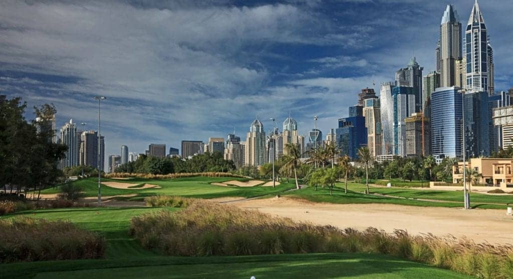 Emirates golf club Faldo Course with the centrum behind its bunkers.