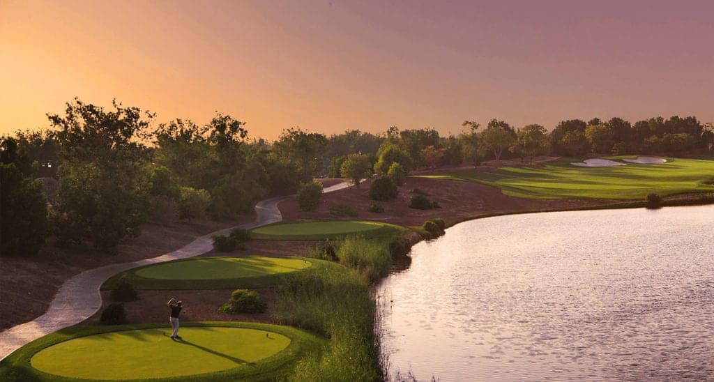 Golfers shooting form the spectacular Jumeirah Golf Estates Earth in Dubai.
