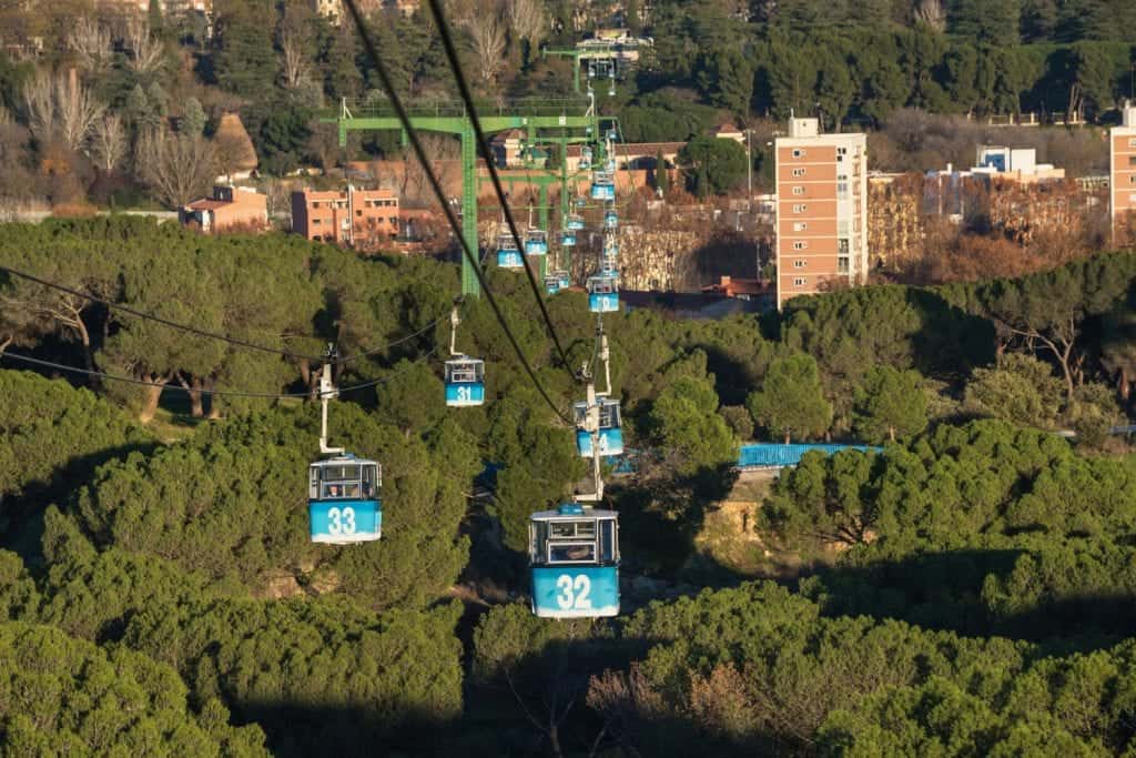 Cable cars over the city of Madrid.