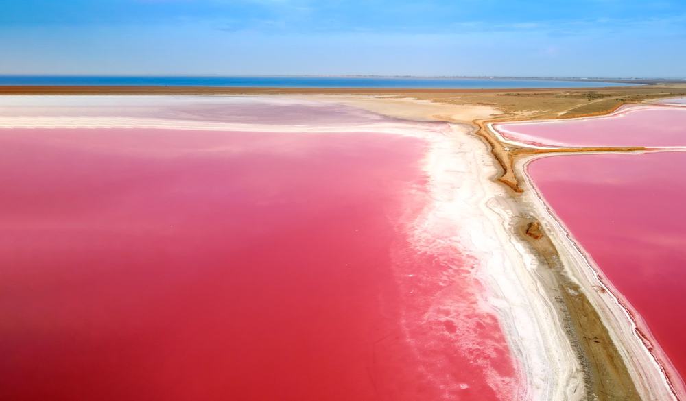 View of the pink salt lake in Torrevieja.