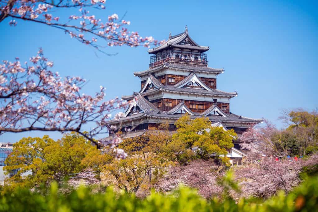 Vackert slott bland körsbärsblommor i Hiroshima.
