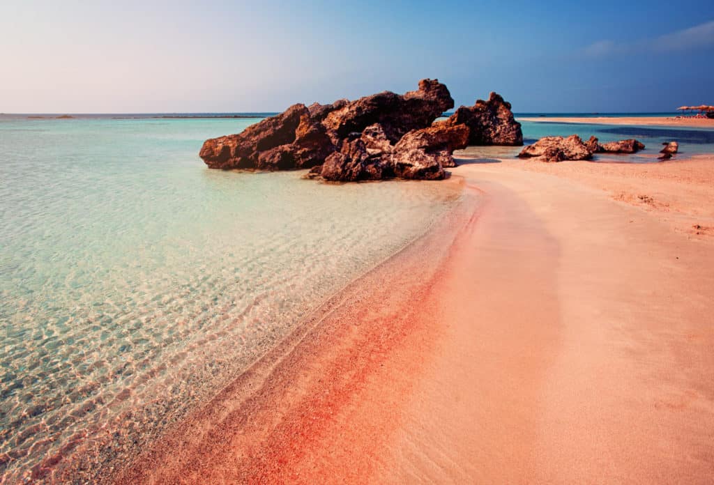 Rosa strand hav vatten.